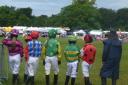Junior jockeys awaiting the start of the Shetland Pony Grand National at the Cotswold Show yesterday