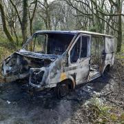 The white transit van, which was found in Flisteridge Woods near Minety, has been ravaged by flames