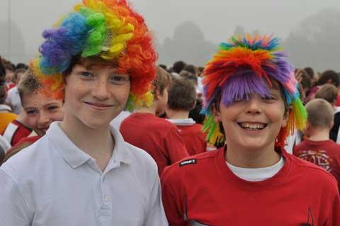 Nicholas Burdett and Henry Triff donned wigs to join around 600 other students and staff at The Cotswold School in Bourton on the Water who took part in the Sport Relief mile helping to raise at least £600 for the charity
