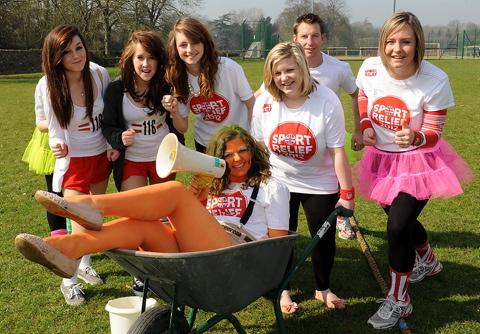 B-Tech students Jess Clapton, Sarah Ayres, Ayesha Leech, Emma Walker and Ella Payne, and teachers Simon Bellamy and Fay Smith get set for their Sports Relief mile run at Deer Park school wgrp0476h12 To order this picture call 01285 642642 or visit wiltsg