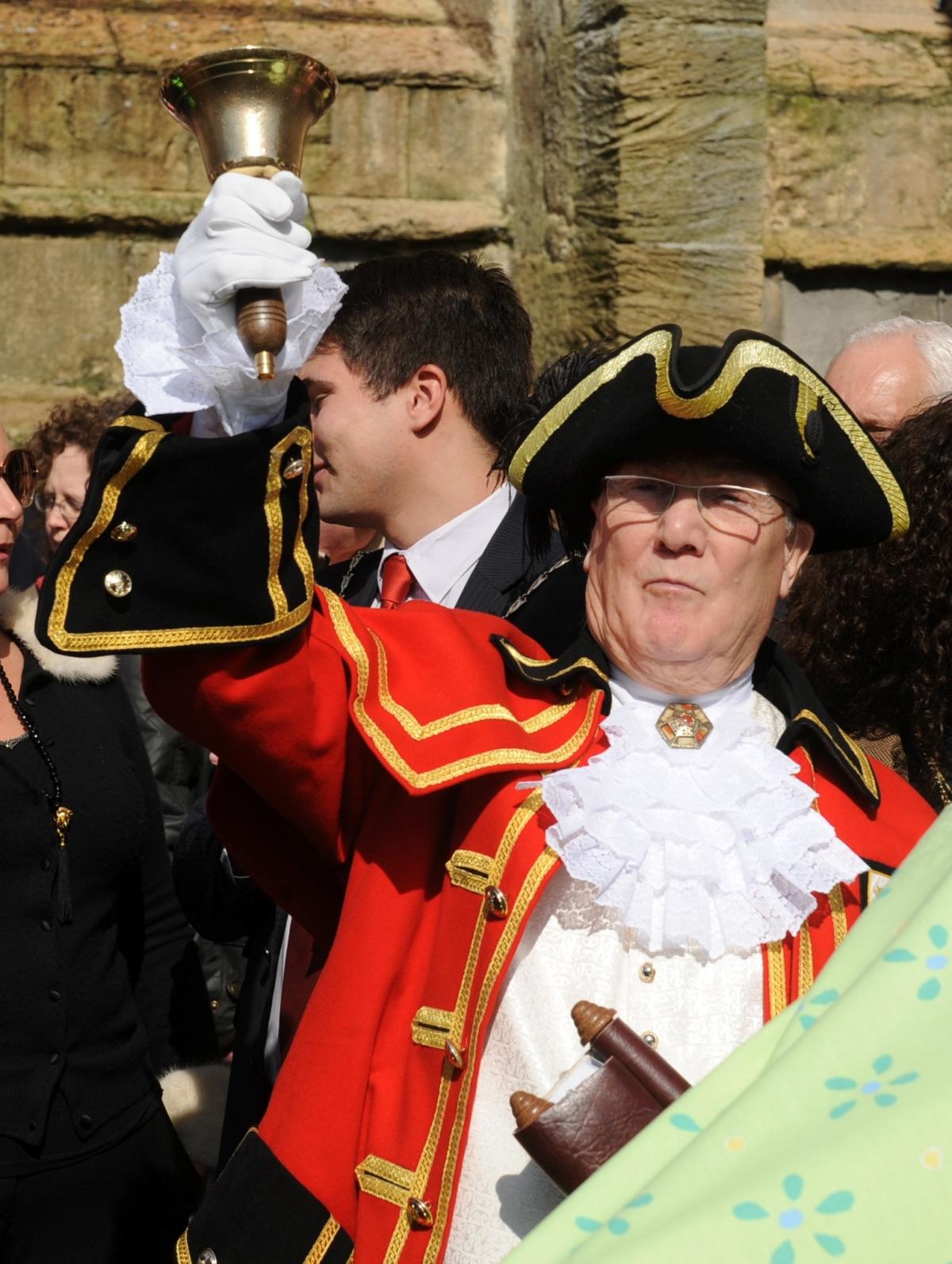 Nailsworth Town Crier Tony Evans announces the launch of the Hare Festival in Cirencester