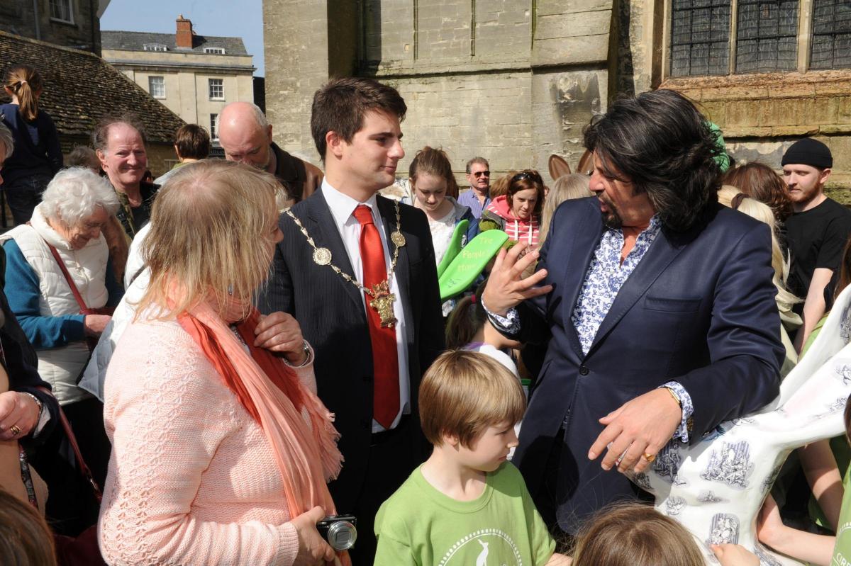 Cirencester Mayor Joe Hughes chats with Laurence Llewelyn-Bowen and festival organiser Florence Beetlestone at the launch of the Hare Festival in Cirencester