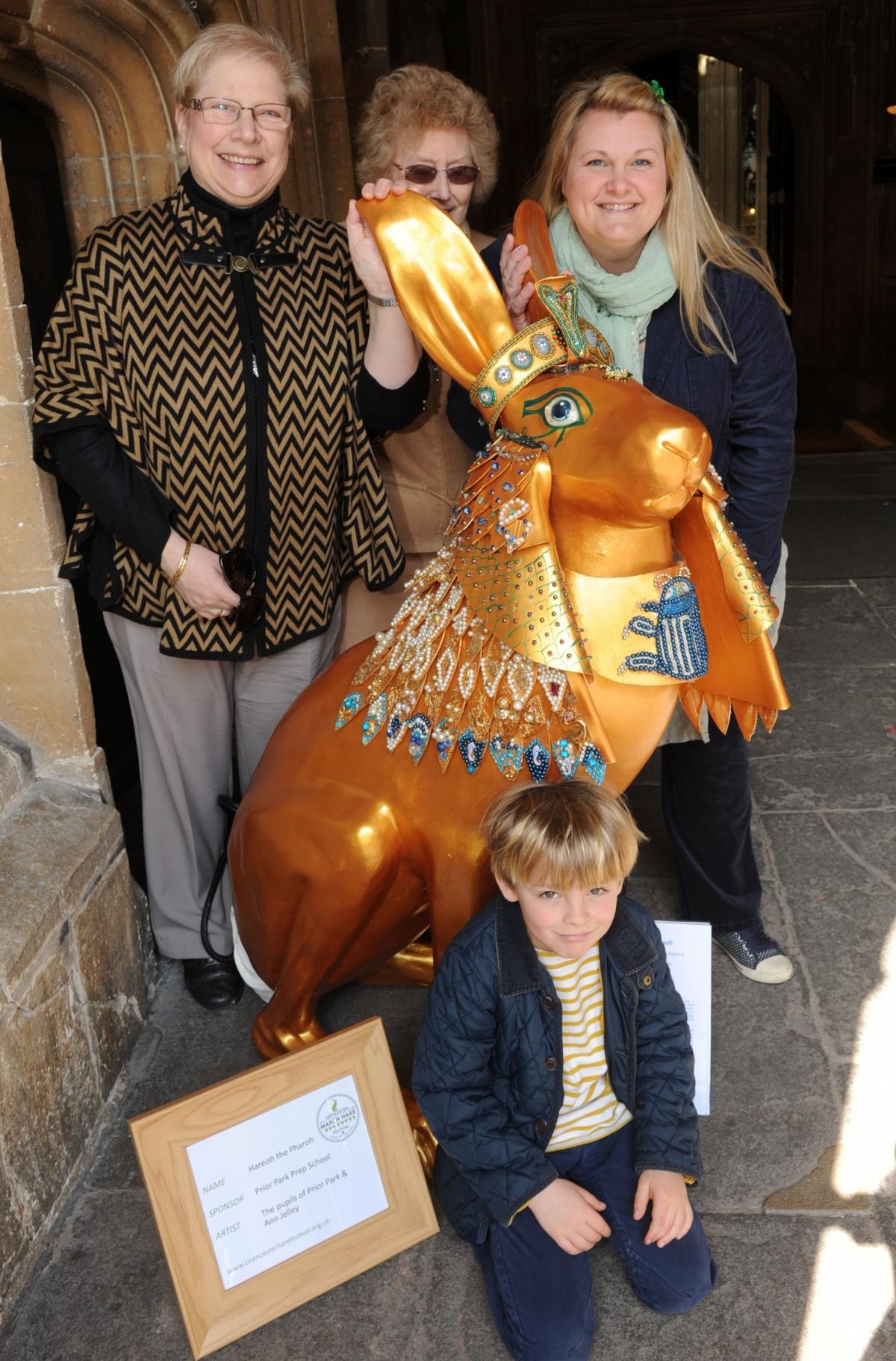 Artists Ann Jelley and Joyce Charles with their Hareoh the Pharoh with Nicky Brookes, head of art at Prior Park school and her son Oliver, 6