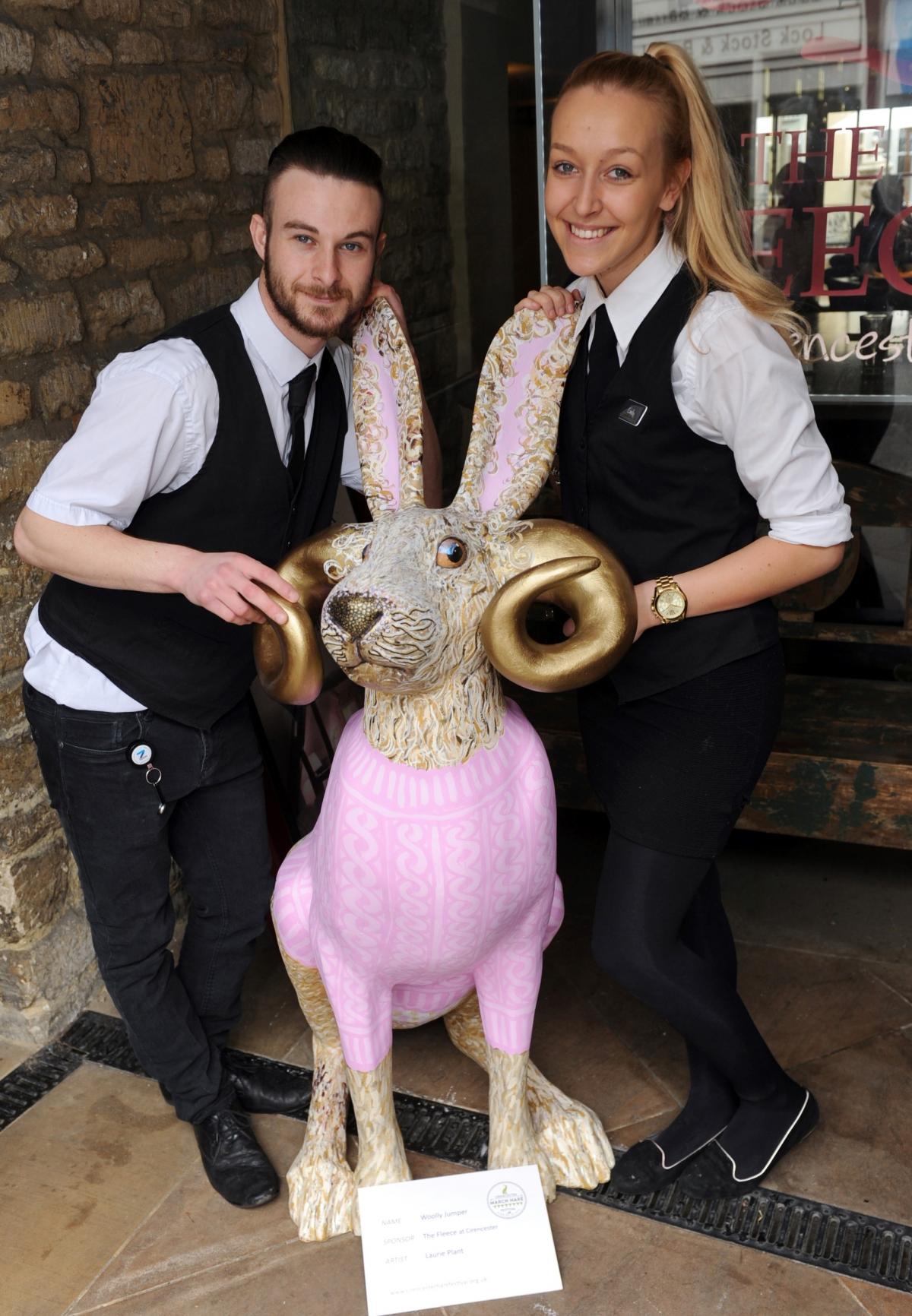 The Fleece staff members Dan Dodson and Emily Jones with Woolly Jumper by Laurie Plant