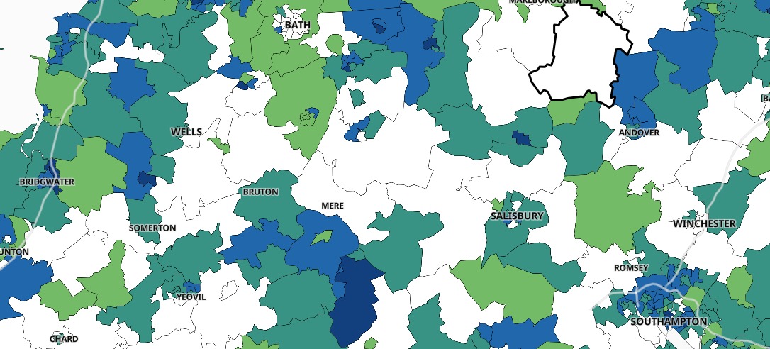 Map of Wiltshire showing Covid-19 infection rates per area VIA https://coronavirus.data.gov.uk/