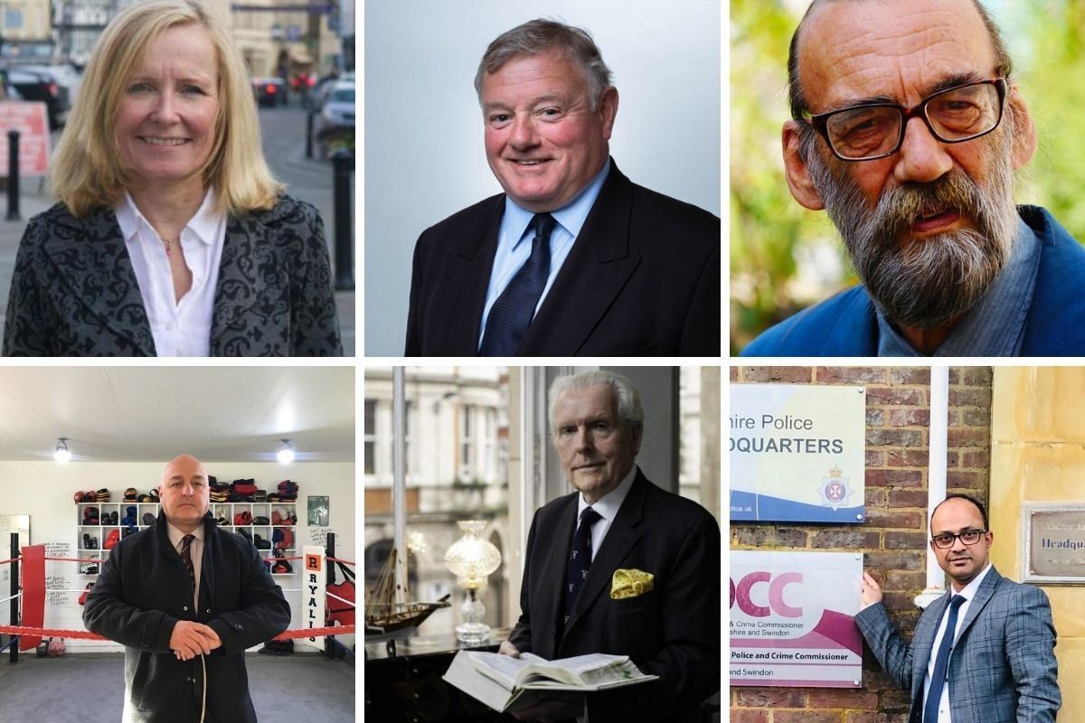 Photos of all six PCC candidates l-r Liz Webster (Lib Dem), Jonathon Seed (Cons), Brig Oubridge (Greens), Mike Rees (Independent), Julian Malins QC (Reform UK), Junab Ali (Labour)