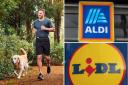 Left photo via Aldi shows a man wearing Crane's training shorts from Aldi. Credit for Aldi and Lidl logos: PA.