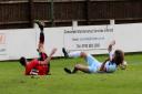 A brilliant saving tackle by Ciren's Alex Albert (light blue) on Troy Simpson. Pic: Steve Rolfe