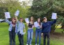 Rachel, Jonathan, Izzy, Lucy and Adam celebrating their GCSE results at Cirencester Kingshill School