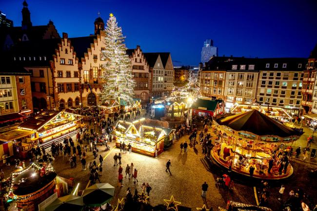 Lights illuminate the Christmas market in Frankfurt, Germany
