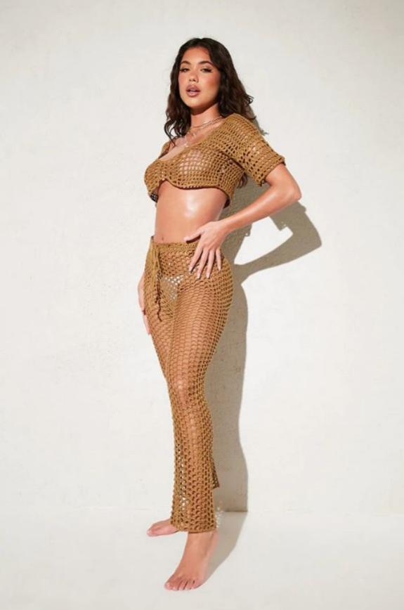 Wilts and Gloucestershire Standard: Crochet Short Sleeve Crop Top and Crochet Tie Waist Trousers in Mocha (I Saw It First) Wilts and Gloucestershire Standard: Crochet Short Sleeve Crop Top and Crochet Tie Waist Trousers in Mocha (I Saw It First)