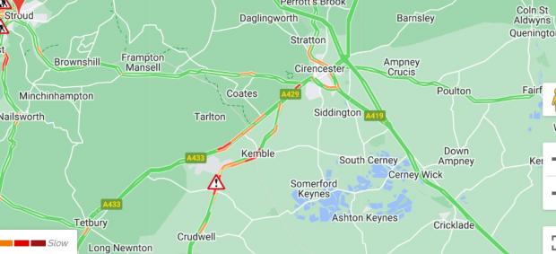 Wilts and Gloucestershire Standard: AA map showing where the road closure is in place