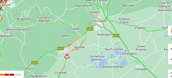 Wilts and Gloucestershire Standard: AA map showing where the road closure is in place Wilts and Gloucestershire Standard: AA map showing where the road closure is in place
