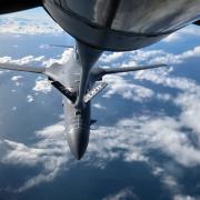 A U.S. Air Force B-1B Lancer aircraft receives fuel from a KC-135 Stratotanker