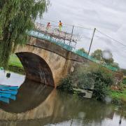 Scaffolding being set up for Halfpenny Bridge repairs
