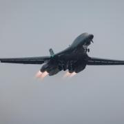 US Air Force B1-Bomber taking off from RAF Fairford in the pouring rain on Thursday (19 Oct) morning