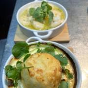 Cheese souffle and King prawns at rear