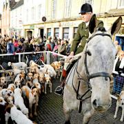 Huntsman Tony Holsworth and the Beaufort Hunt hounds at a meet in Chipping Sodbury