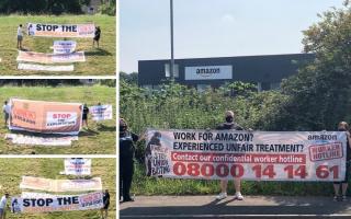 Left, Unite protestors gather at the Roman Amphitheatre in Cirencester on July 21 and right, they demonstrate again outside Amazon in Swindon on July 22